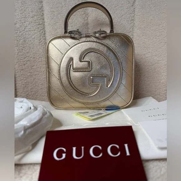 Gucci Blondie Gold Leather Top Handle Bag Rare Metallic Nappa - Picture 8 of 11